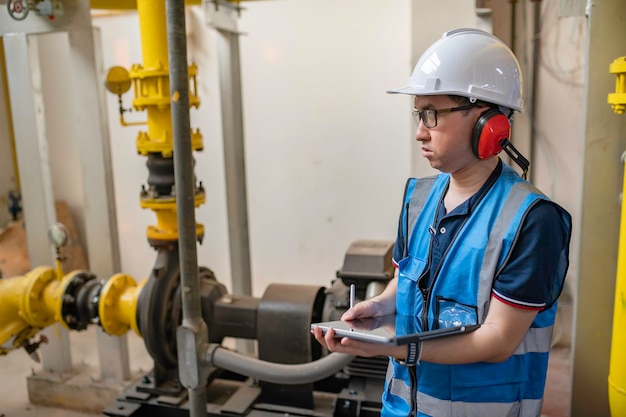 Maintenance technician at a heating plantPetrochemical workers supervise the operation of gas and oil pipelines in the factoryEngineers put hearing protector At room with many pipes