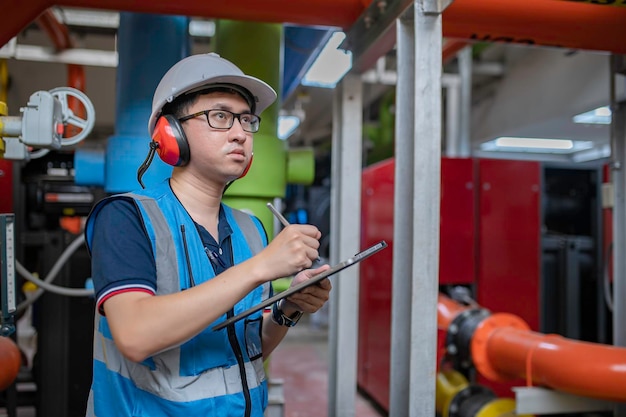 Maintenance technician at a heating plantPetrochemical workers supervise the operation of gas and oil pipelines in the factoryEngineers put hearing protector At room with many pipes