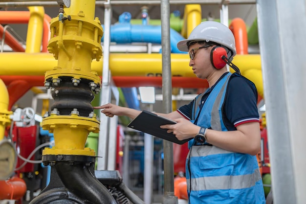 Maintenance technician at a heating plantPetrochemical workers supervise the operation of gas and oil pipelines in the factoryEngineers put hearing protector At room with many pipes