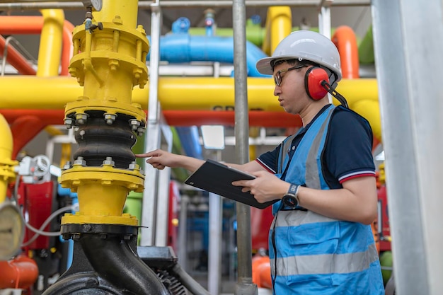 Maintenance technician at a heating plantpetrochemical workers supervise the operation of gas and oil pipelines in the factoryengineers put hearing protector at room with many pipes