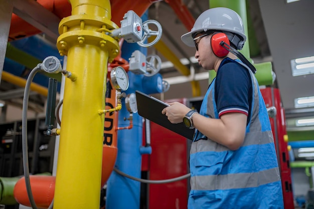 Foto tecnico di manutenzione presso un impianto di riscaldamentooperai petrolchimici supervisionano il funzionamento di gasdotti e oleodotti in fabbricagli ingegneri mettono una protezione per l'udito in una stanza con molti tubi