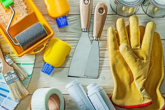 Maintenanse home construction tools on white wooden board