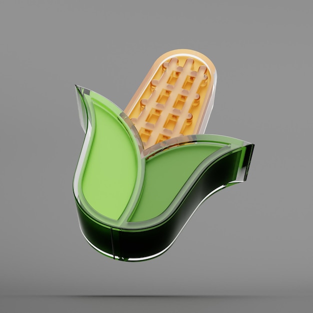 Maïs 3D illustratie geïsoleerd op grijze achtergrond Glas ontwerpelementen Maïs Realistische 3d illustratie