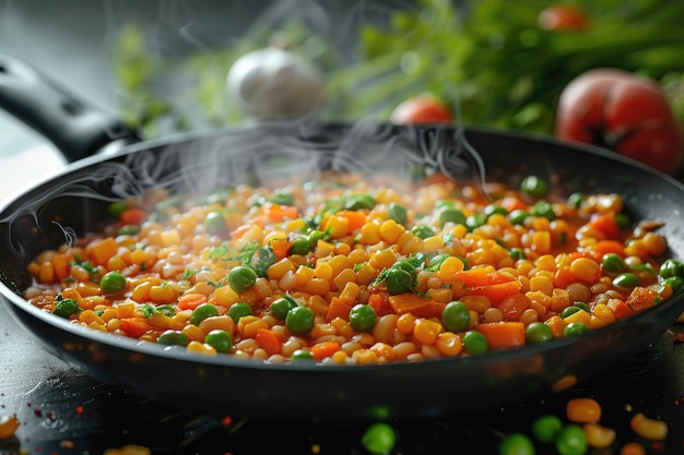 Maïs erwten en wortel in een pan frieten