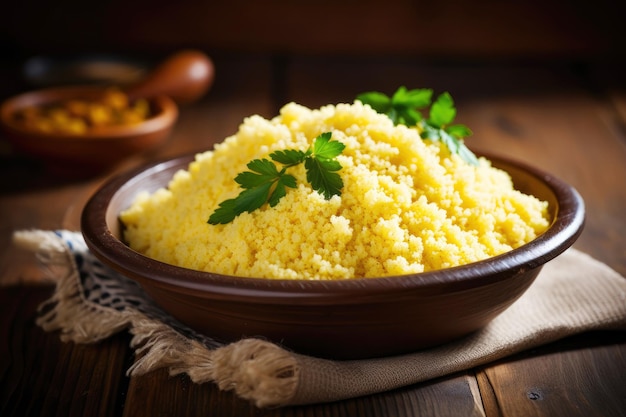 Maïspap couscous in een rustieke houten kom