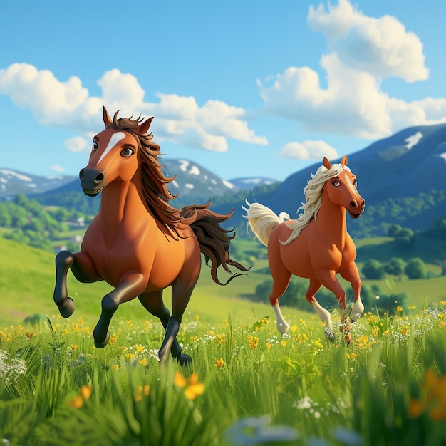 Majestic 3D Cartoon Scene Gracieuze paarden in het open veld