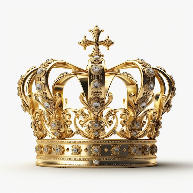 Majestic 3D rendered golden kings crown on white background