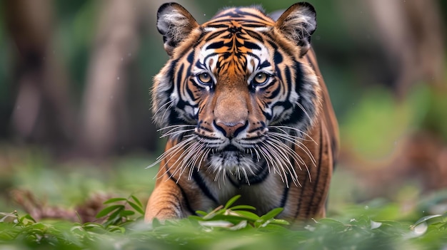 Majestic Adult Bengal Tiger Staring Intently in Lush Green Jungle Setting with Vivid Detail and