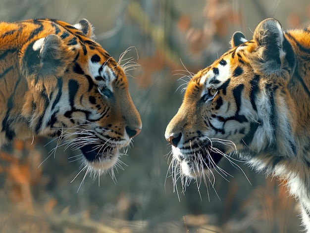 Величественные взрослые бенгальские тигры лицом к лицу в естественной среде обитания с яркими деталями и интенсивным взглядом