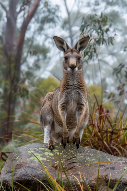 Majestic Adult Kangaroo Standing on a Rock Amidst Misty Australian Bushland