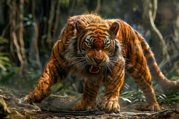 Majestic Adult Tiger Stalking Through Dense Jungle in Natural Habitat with Vivid and Detailed Fur