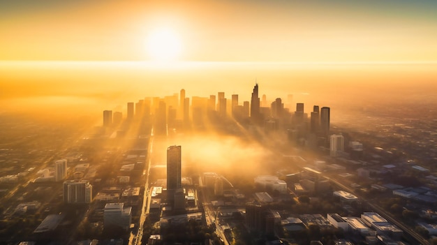 A majestic aerial view of a modern city39s skyline during a hazy sunrise