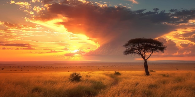 A majestic african savanna landscape at sunset with a dramatic sky