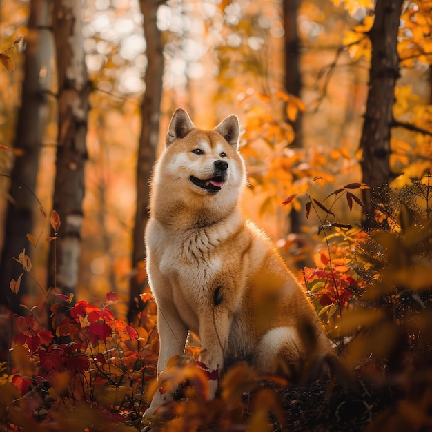 Foto il maestoso akita seduto in pace in una foresta lussureggiante