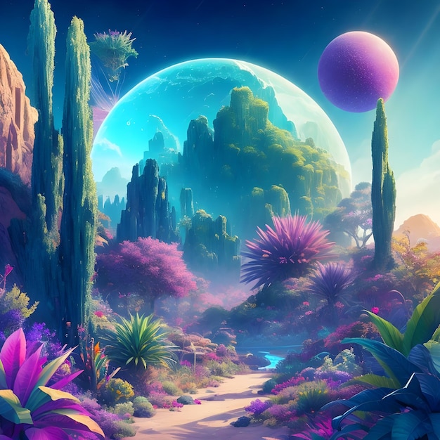 Majestic alien landscape illustration with floating crystals and foreign plants images ai generate