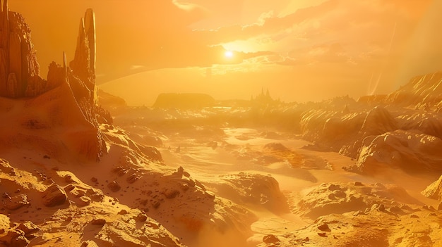 Majestic alien landscape at sunset vast golden planetary surface fantastic scifi scenery AI