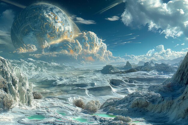 오션 마운틴과 거대한 달이 있는 웅장한 외계인 세계와 공상과학 풍경