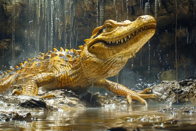 Majestic Alligator Basking in a Sunlit Swamp with Water Droplets Cascading Around