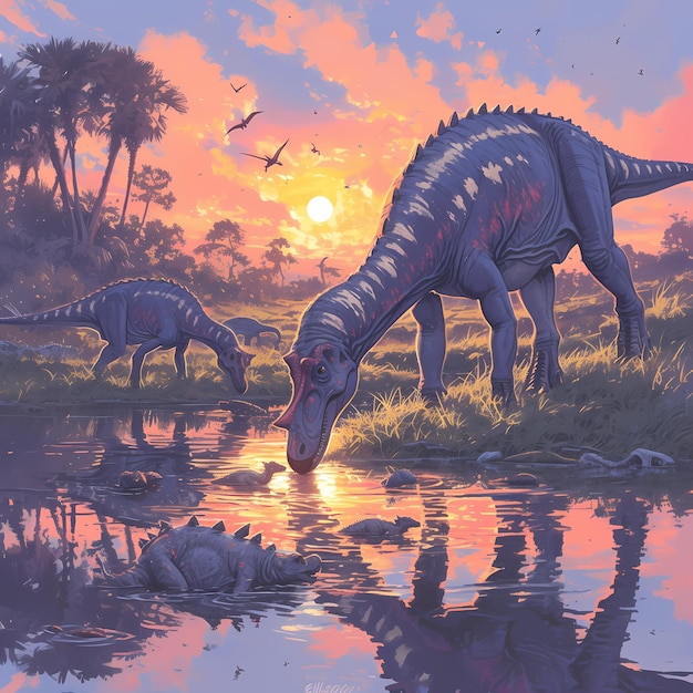 Majestic Allosaurus Drinking at Dusk