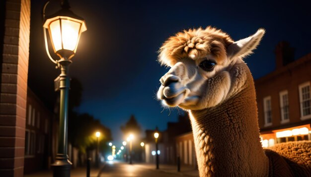 Foto l'incontro enigmatico della maestosa alpaca sotto la lampada lunare