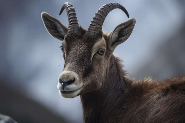 Majestic alpine ibex in closeup in the mountains generative IA