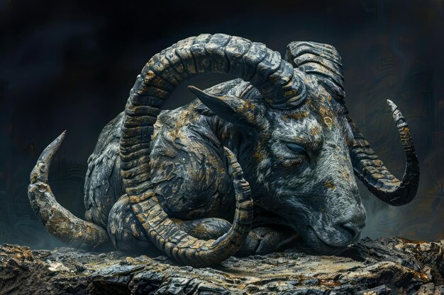 Photo majestic ancient ram statue with elaborate horns in mystical smoky atmosphere