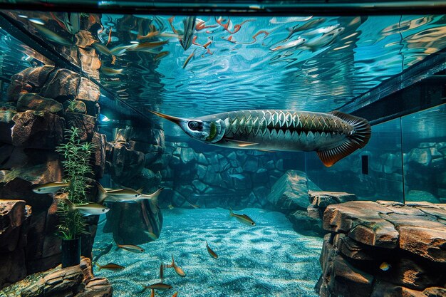 Photo majestic arowana fish patrolling the depths of a large aquarium