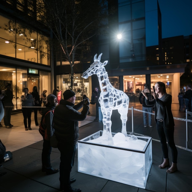 Photo the majestic artistry a largerthanlife ice sculpture of a giraffe crafted by a skillful artist w