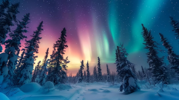 雪 の 森 の 上 の 壮大な 北極 光
