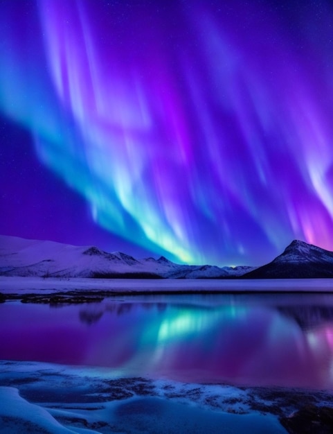 A majestic aurora of shimmering blues and purples cascading over the horizon