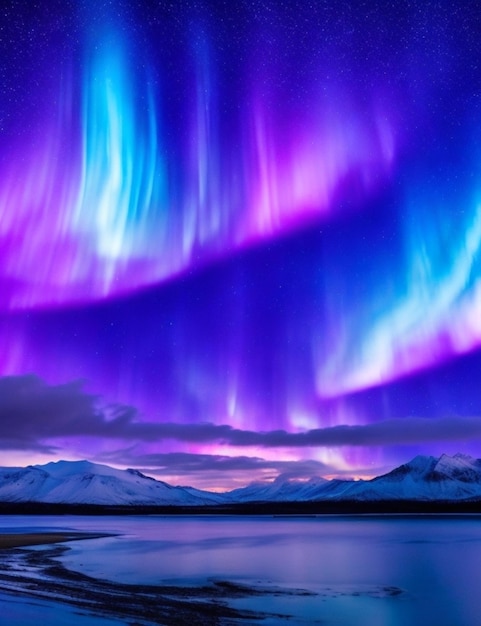 A majestic aurora of shimmering blues and purples cascading over the horizon