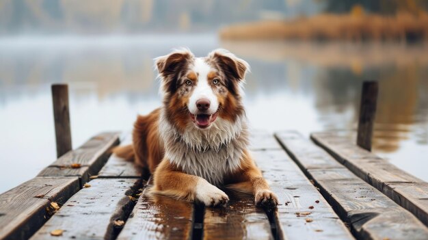 Majestic Autumn Morning A Serene Landscape with a Smiling Australian Shepherd on a Wooden Pier