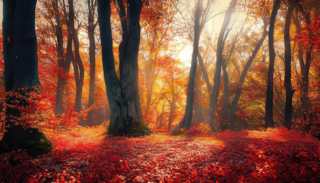 太陽の光に照らされて輝く森の雄大な秋の木々 真っ赤な紅葉 ドラマチックな朝の風景