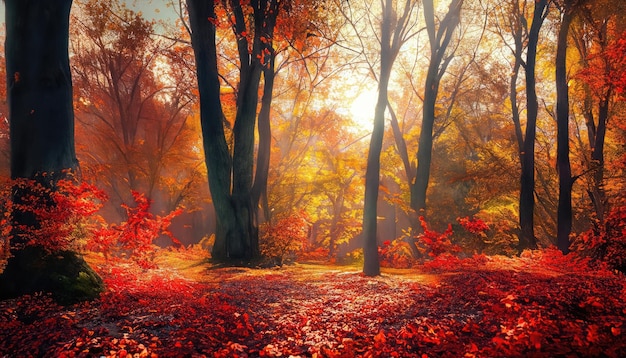 太陽の光に照らされて輝く森の雄大な秋の木々 真っ赤な紅葉 ドラマチックな朝の風景