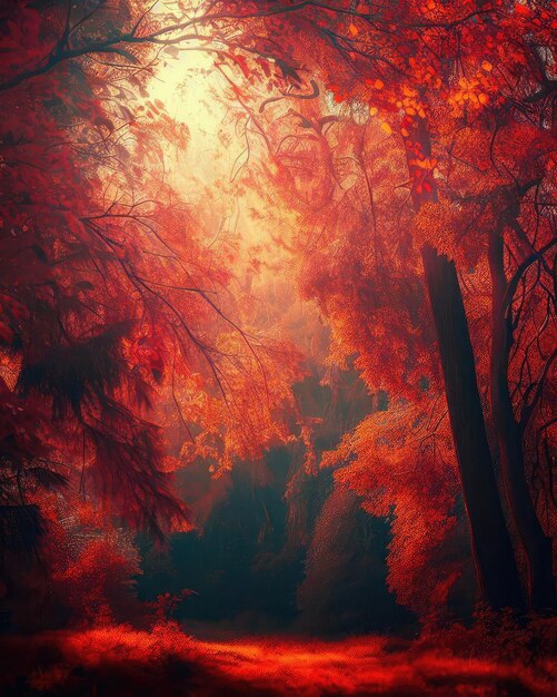 Величественные осенние деревья в лесу, светящиеся солнечным светом Красные осенние листья Драматическая утренняя сцена