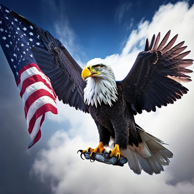 A majestic bald eagle perched atop an American flag its wings spread wide in a square formation