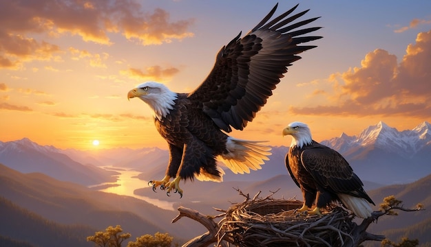 Photo a majestic bald eagle perched atop its nest surrounded by a golden sunset and its powerful wings sp