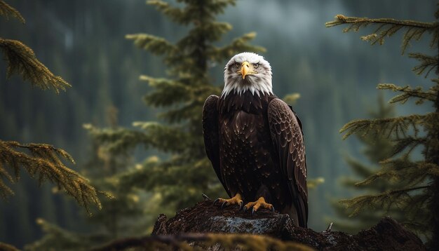 Majestic bald eagle perching on tree branch generated by AI