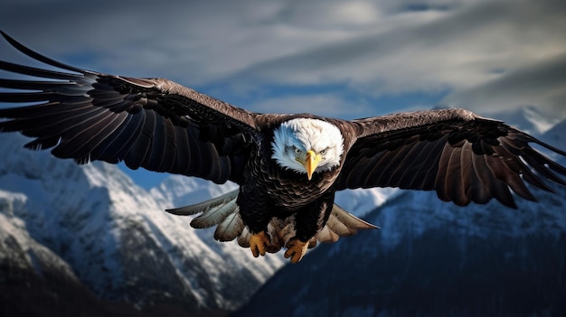 A majestic bald eagle soared high in the sky with wings spread wide beneath the wilderness