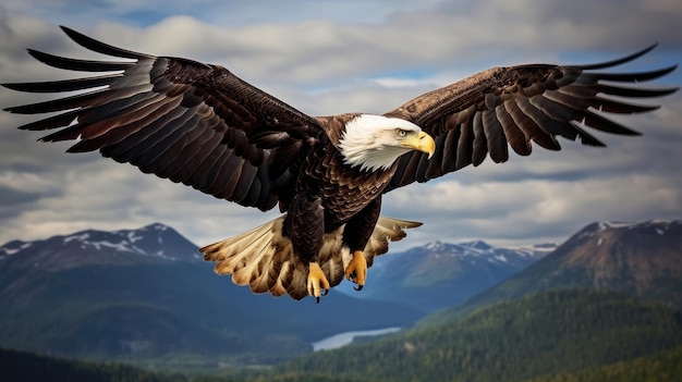 A majestic bald eagle soared high in the sky with wings spread wide beneath the wilderness