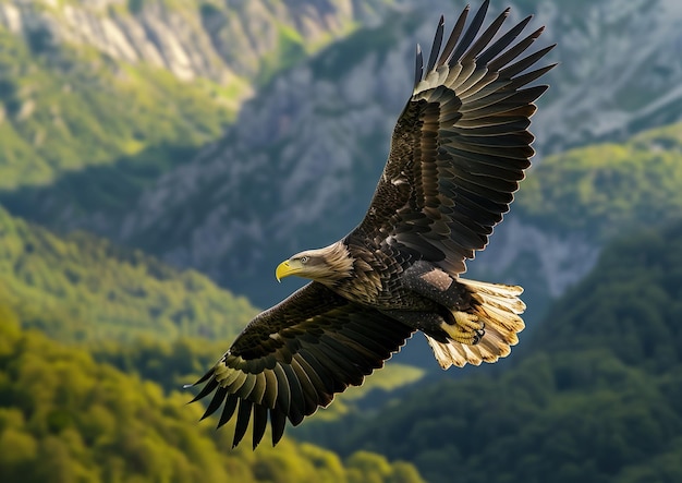 Photo majestic bald eagle soaring in front of mountain landscape