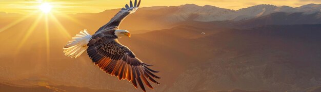 A majestic bald eagle soaring in the golden light of sunset with a mountainous landscape