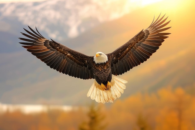 Majestic bald eagle soars above the autumn forest