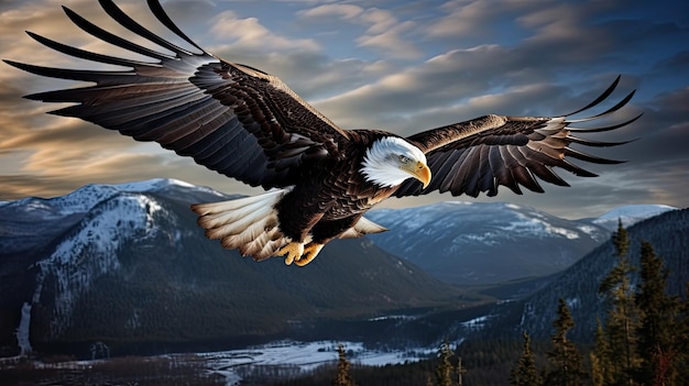 Величественный лысый орел взлетает высоко в небе с широко раскрытыми крыльями.