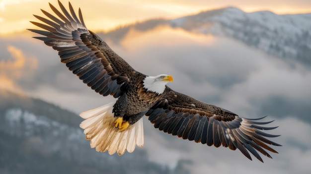 Величественный лысый орел взлетает над заснеженными горами.