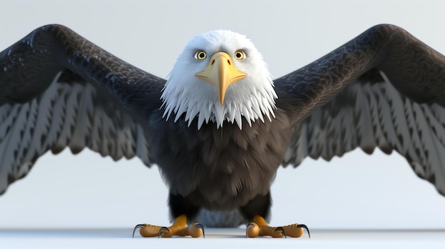 A majestic bald eagle with its wings spread wide The eagles feathers are a deep brown and white and its eyes are a piercing yellow