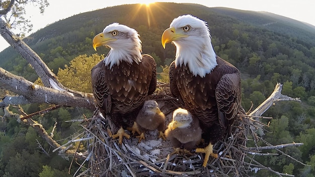 Foto majestic bald eagles and eaglets in their nest biodiversity birdwatching wildlife ai gegenereerd