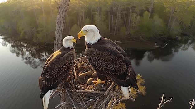 Majestic Bald Eagles in het nest met hun eieren Biodiversiteit Birdwatching Wildlife AI gegenereerd