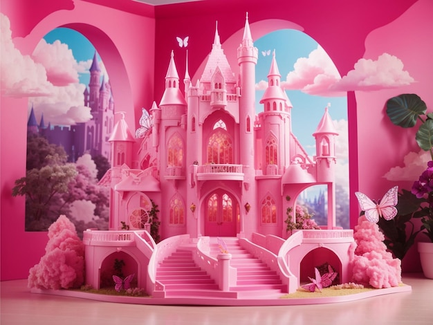 Foto un maestoso castello di barbie in una tonalità rosa vibrante con una nube rosa chiaro sullo sfondo