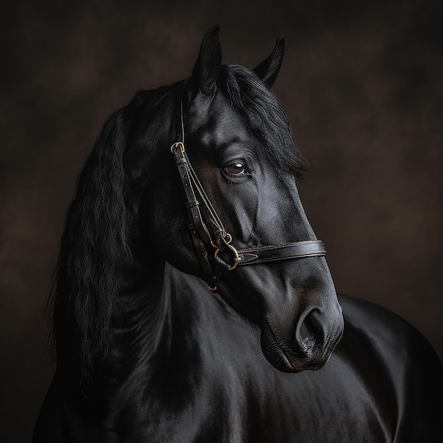 Photo majestic beautiful black friesian neutral background pureblood